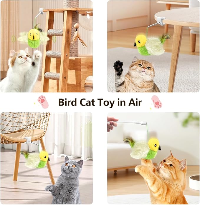 Migipaws Cat Toys,Interactive Lifelike Amakihi Flying Flapping Bird with Catnip, Feathers Hanging by Elastic String, Automatic Chirping Kitten Toys for Indoor Cats Self Play, Rechargeable(Green)