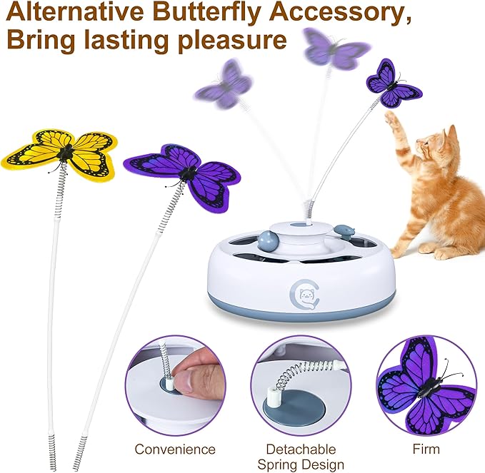 Cat Toys 3 in1 Automatic Interactive Kitten Toy, Moving Ambush Mouse, Fluttering Butterfly, Track Balls, USB Powered, Indoor Exercise Kicker, Mouse Catching Game (Bright White)