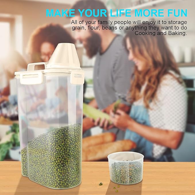 Rice Airtight Dry Food Storage Containers, BPA Free Plastic Storage Bin Dispenser with Pourable Spout, Measuring cup for Cereal, Flour and Baking Supplies, Include a Stainless Steel Whisk