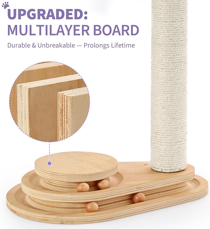 Made4Pets Cat Scratching Post Cat Scratcher Kitten Toys for Indoor Cats Wooden Ball Track Two-Layer Modern Sisal 17.7" Tall Scratch Post Interactive Toy with Dangling Ball