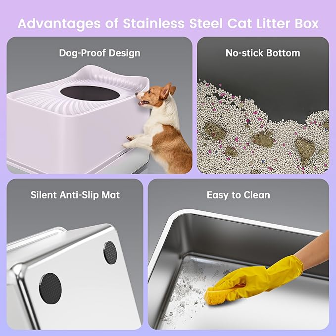 XL Stainless Steel Cat Litter Box Top Entry Extra Large Metal Litter Box with High Side for Big Cats, Multiple Cats, No Odor, Easy to Clean, Anti-Urine Leakage, Dog-Proof, Non-Sticky