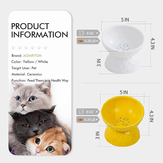 AOMRYOM Ceramic Tilted Raised Cat Food and Water Bowl Set, Elevated Stress Free Feeding Pet Bowl Dish for Cats and Small Dogs, Protect Cat's Spine, White & Yellow, Set of 2