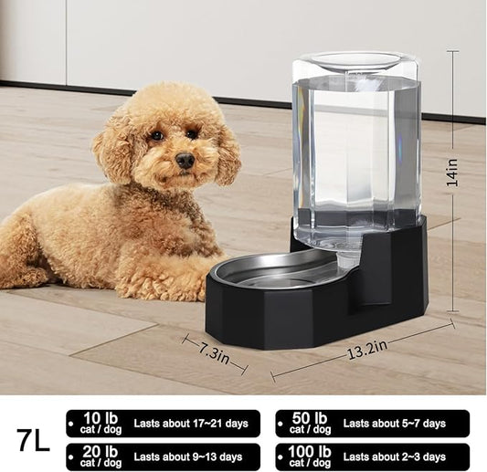 Sfozstra Dog Water Bowl Dispenser: 7L Large Black Gravity Stainless Steel Bowl - Without Filter - Pet Feeder for Pets Indoor/Outdoor Use by Owners