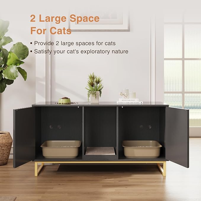 Cat Litter Box Enclosure for 2 Cats, 47.6’’ Litter Box Furniture Hidden with Scratch Pad, Double Room Large Cat Cabinet, Indoor Pet House TV Stand Side Table,Cats Washroom, Black