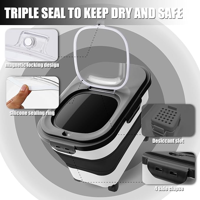 Collapsible Dog Food Storage Container with Lids, Airtight Rice Flour Cereal Sugar Cat Pet Bird Seed Containers Dispenser Bin Bucket with Rolling Wheel, 20 25 30 Lbs Plastic Sealable Kitchen Holder
