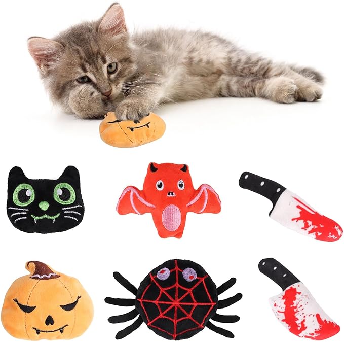 LOMIMOS 6Pcs Halloween Catnip Toys,Cat Toys Chew Bite Plush Toy with Crinkle Paper Kitten Pumpkin Spider Bat Knife for Indoor Interactive Play & Exercise