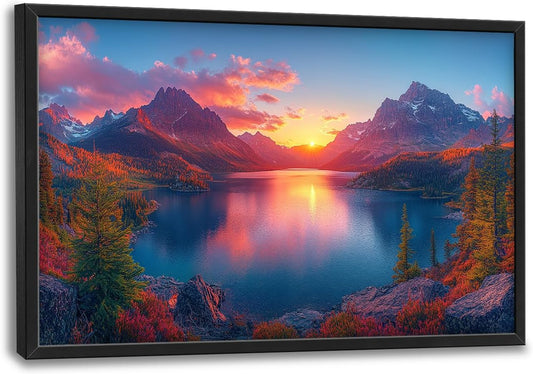 Large Lake Mountain Landscape Wall Art for Living Room, Nature Sunrise Canvas Oversized Wall Decor, River Forest Scenery Framed Pictures Painting Print Artwork for Bedroom Office 36"L x 24"W