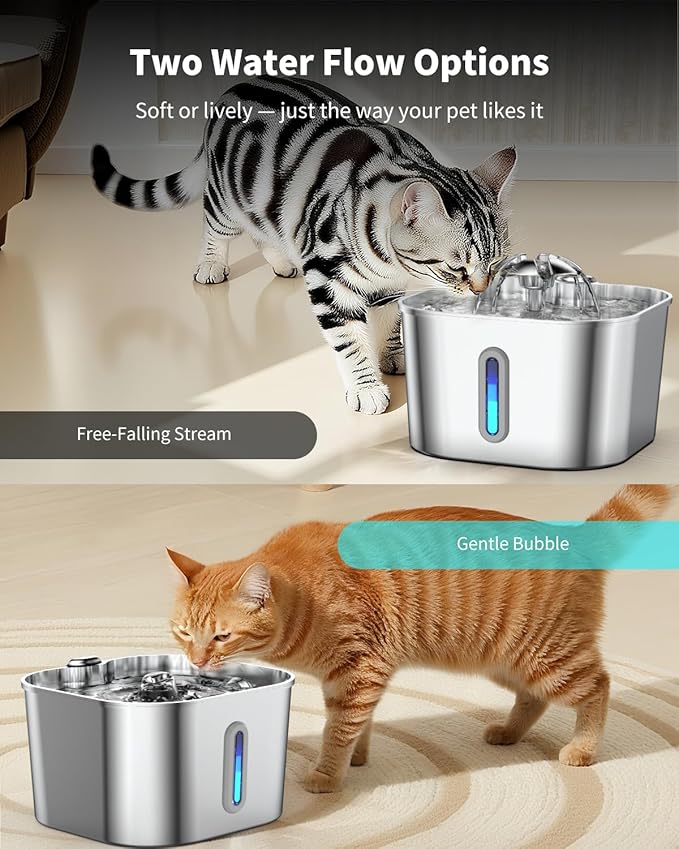 Cat Water Fountain Stainless Steel, 2.2L/74oz Cat Fountain with Quiet Pump, Automatic Pet Water Dispenser, Ideal for Multi-pet Homes, Fresh & Clean Water for Cats and Dogs
