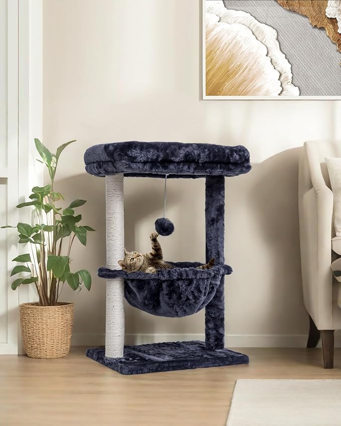 SYANDLVY Small Cat Tree for Indoor Cats, Activity Cat Tower with Scratching Post for Kittens, Cat Condo & Furniture with Basket & Hanging Ball for Play Rest
