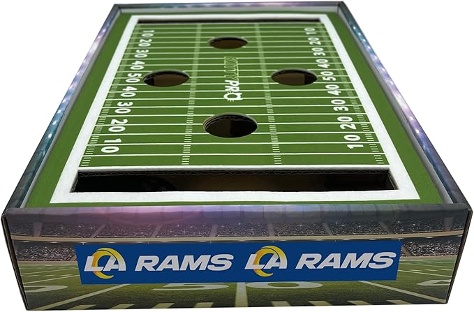 NFL Los Angeles Rams Football Stadium Cat Scratcher Find & Play Box With 2 Jingle Bell Balls - Game Day Toy, Field Felt Scratcher, Play and Lounge Stimulating Game