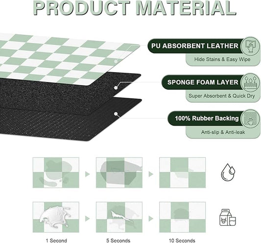 Cat Food Mat - 12"x 20" Cat Dog Mats for Food and Water Bowl, Checkered Pet Placemat Feeding Mat, Non-Slip Under Pet Bowls Mats for Messy Drinkers, Green & White