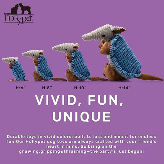 Hollypet Plush Dog Squeaky Toy Stuffed Armadillo Animal Pet Puppy Chew Toys with Clean Teeth for Small Medium Large All Breed Sizes Dogs, Blue, 10 in