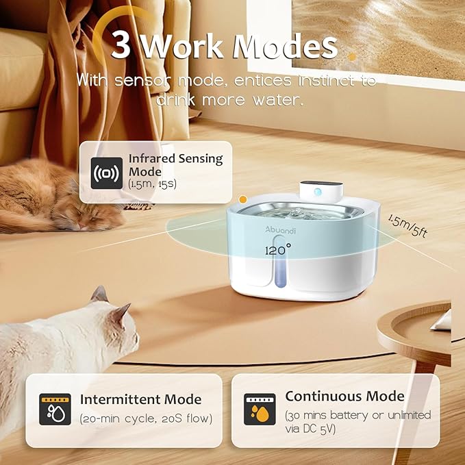 Cat Water Fountain Stainless Steel for Drinking, Pet Water Fountains 3.2L/108 OZ Automatic Water Dispenser Bowl with Filter Pump Spout for Indoor Multiple Pets, Rechargeable Quiet Large