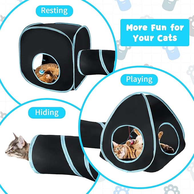 Rypet Cat Tunnels for Indoor Cats with Cube Tent, Interactive Collapsible Cat Tube and Foldable Cubes Playground for Hiding Hunting and Resting, Pet Tube with Bell for Kitten, Rabbit, Puppy, Ferret