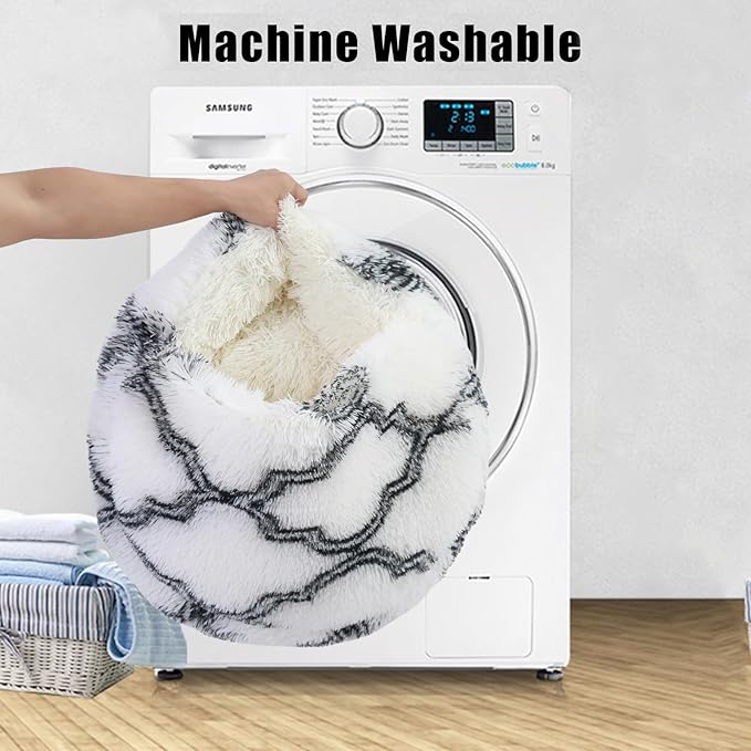 Round Hooded Cat & Dog Bed with Cover Cave, Faux Fur Cuddler, Self Warming Donut Bed (Grey White, 20" x 20")