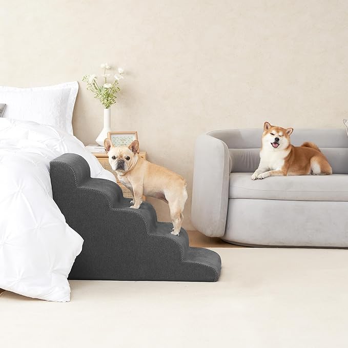 EHEYCIGA Curved Dog Stairs Ramp for High Beds, 5-Step Extra Wide Dog Steps for Small Dogs and Cats, Pet Stairs for High Bed Climbing, Non-Slip Balanced Pet Step Indoor, Grey