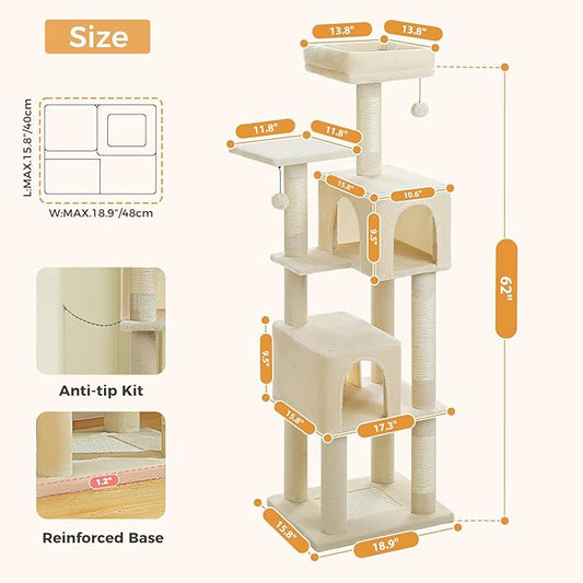 PAWZ Road Cat Tree Tower 62 Inches Cat Tree with 2 Condos,2 Large Perch,4 Scratching Posts & 1 Scratching Board, and 2 Hanging Balls for Indoor Cats-Beige