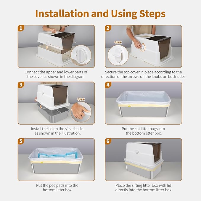 Stainless Steel Sifting Litter Box, Fully Enclosed Sifting Cat Litter Box with Lid, 23.6"L x 15.7"W x 19.44"H Multi-Purpose Stainless Steel Litter Box Enclosure, Anti-Leakage, Easy Clean for Big Cats