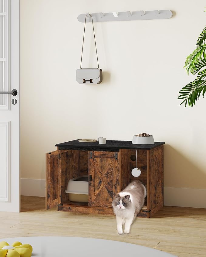 Cat Litter Box Enclosure, Hidden Litter Box Cabinet Furniture with Bell, Indoor Cat House, Farmhouse Style, 31.5 x 19.7 x 20.9Inches, for Hallway, Bedroom, Rustic Brown and Black CB82401X