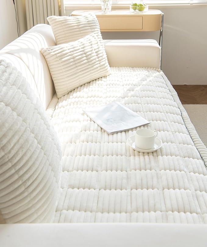 Faux Fur Plush Dog Couch Cover 3D Stripe Fuzzy Sofa Cover Non-Slip Fluffy Dog Bed Cover Pet Blanket Sofa Couch Furniture Protector for Puppy Large Dog Cat (Cream,24"x82")