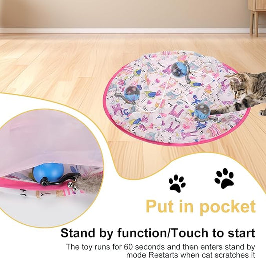 Interactive Cat Toys Ball Self Rolling in Pouch,Hunting Remote Control Simulated Chirping Bird Moving Cat Toy with Mat,Hide and Seek for Indoor Cats Mouse Chasing Games