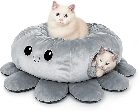 Cat Tunnel Bed for Indoor Cats, Peekaboo Cat Cave Bed,Soft Cat Donut Tunnel for Kitten Large Cats, Cute Green Octopus Shaped
