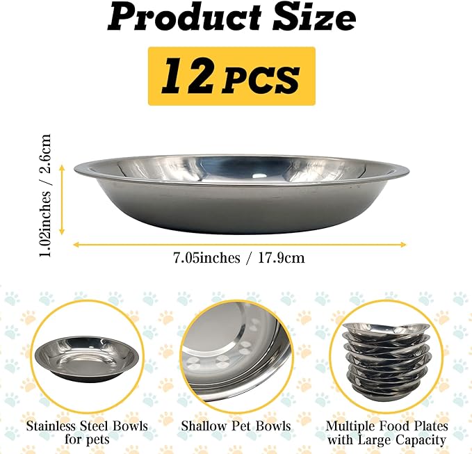 Hamiledyi 12 Pcs Stainless Steel Cat Bowls Replacement Whisker Fatigue Relief Cat Plates Pet Water Dish Shallow Kitten Bowls Pet Bowls for Dogs Cats or Other Small Animals (7.05 Inch Diameter)