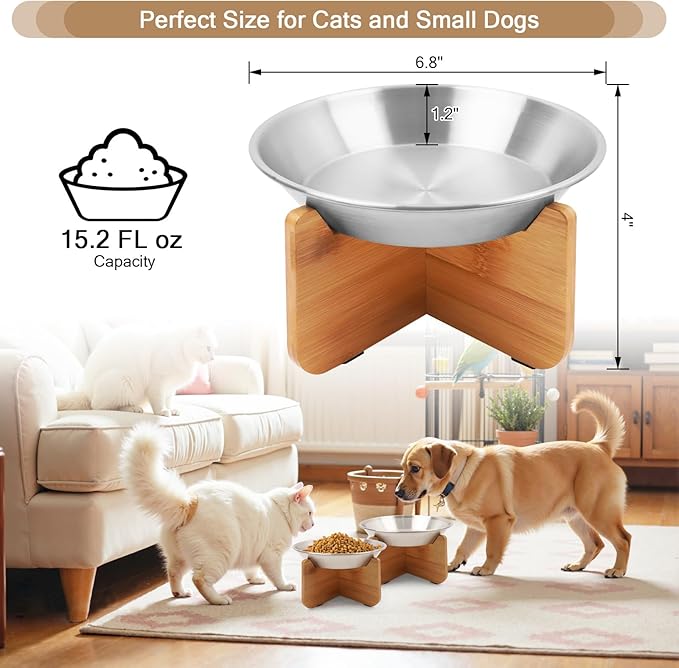 Elevated Cat Bowl with Bamboo Stand, 6.8" Extra Wide Shallow Raised Stainless Steel Cat Bowls Whisker Friendly, 2 Pack Food and Water Dishes for Indoor Cats, Kitten, Puppies and Small Dogs