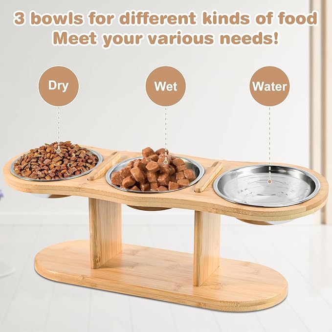 Elevated Cat Bowls - 3 Stainless Steel Cat Bowls with 15° Tilted Bamboo Stand for Indoor Cats, Small Dogs and Puppy