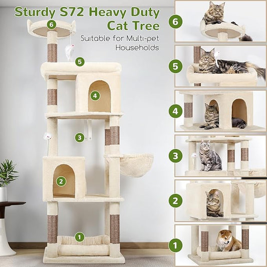 Globlazer Heavy Duty Cat Trees for Large Cats, Sturdy 72in Maine Coon Cat Tree for Large Cat 20 lbs+ Heavy Duty Cat Tower for Adult Biggest Cats with 6 Scratching Posts, Hammock, S72, Beige