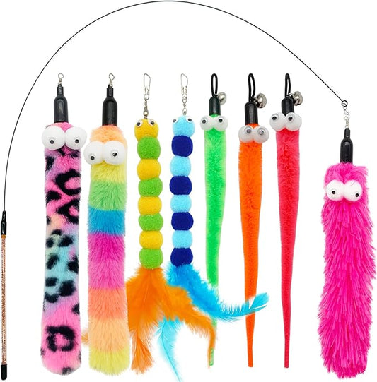 Cat Feather Toys, 1 Elasticity Cat Toy Wand and 8 Pieces Feathers Worms Refill, Interactive Teaser Cat Wand Toy for Indoor Cats Play Exercise