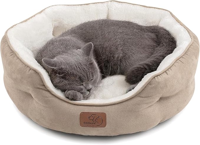 Bedsure Dog Beds for Small Dogs - Round Cat Beds for Indoor Cats, Washable Pet Bed for Puppy and Kitten with Slip-Resistant Bottom, 20 Inches, Camel