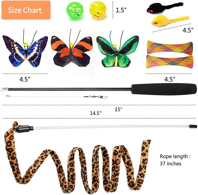 AWOOF Butterfly Cat Wand Cat Toys Set, Realistic Crinkle Catnip Butterflies Kitten Toys with Retractable Interactive Cat Wand 11 PCS Cat Toys for Indoor Cats