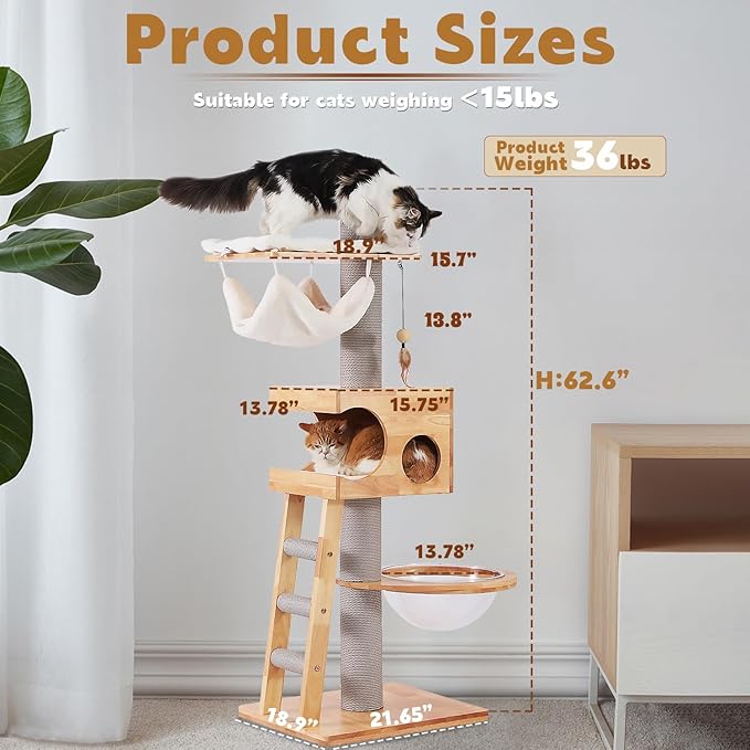 62.6'' Tall Wooden Cat Tree for Indoor Cats,Luxury Cat Tower with Cat Condo,Hammock,Clear Bowl,Thickened Sisal Scratching Post,Climbing Ladder,Heavy Duty Cat Furniture for Small Medium Large Cats