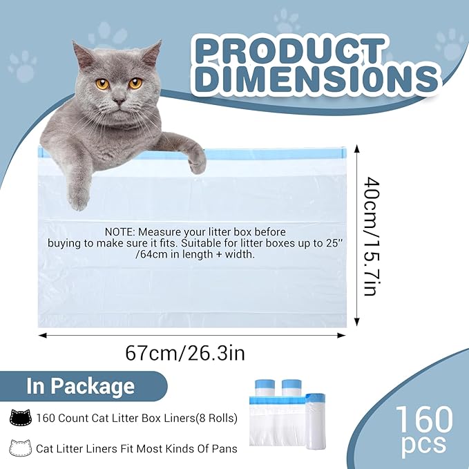 160Pcs Robot Litter Box Bags with Drawstring, Extra Thick Self Cleaning Kitty-Litter Bags Liners, Heavy-Duty Cat Litter Liner Bag for Family（25x15.7in, Blue）