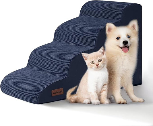 4-Step Dog Stairs and Ramp for Beds or Couches,Non-Slip Sturdy Pet Steps for Small Dogs and Cats,17.4" H,Blue