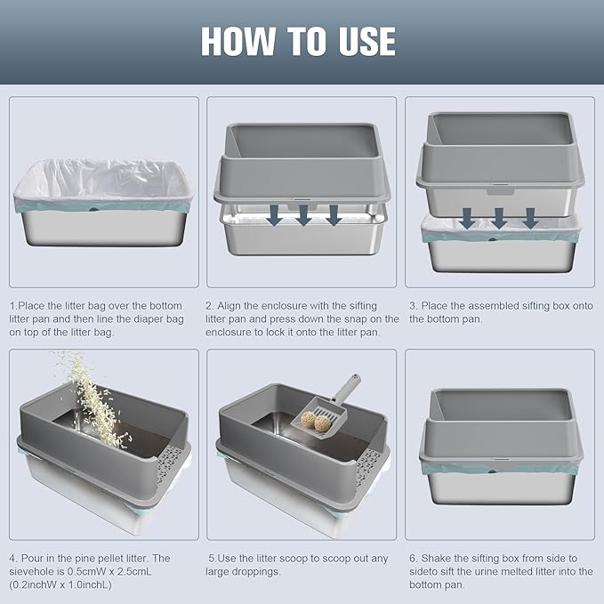 Stainless Steel Sifting Litter Box, for Pine Wood Pellet Cat Litter, XXL Metal Cat Litter Boxs with Lid, 23.6''X15.7''X14'' High-Sided Litter Box,Leak-Proof,Easy to Clean, with Scoop, Urine Pad, Liner