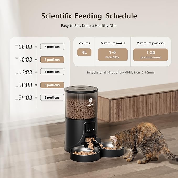 Automatic Cat Feeder for 2 Cats: Cat auto 2.4G WiFi - Timed Smart App Control 1-10 Meals| Automatic Pet Feeder for Cats and Small Dog Indoor- Dual Power& Detachable Clean