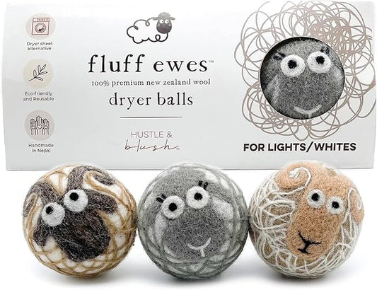 Fluff Ewes Wool Dryer Balls 3 Pack Premium New Zealand Wool Laundry Balls for Dryer, No Static Dryer Balls Laundry Reusable Cute - XL Wool Dryer Balls Cute, Baby Dryer Balls for Dryers - Lights