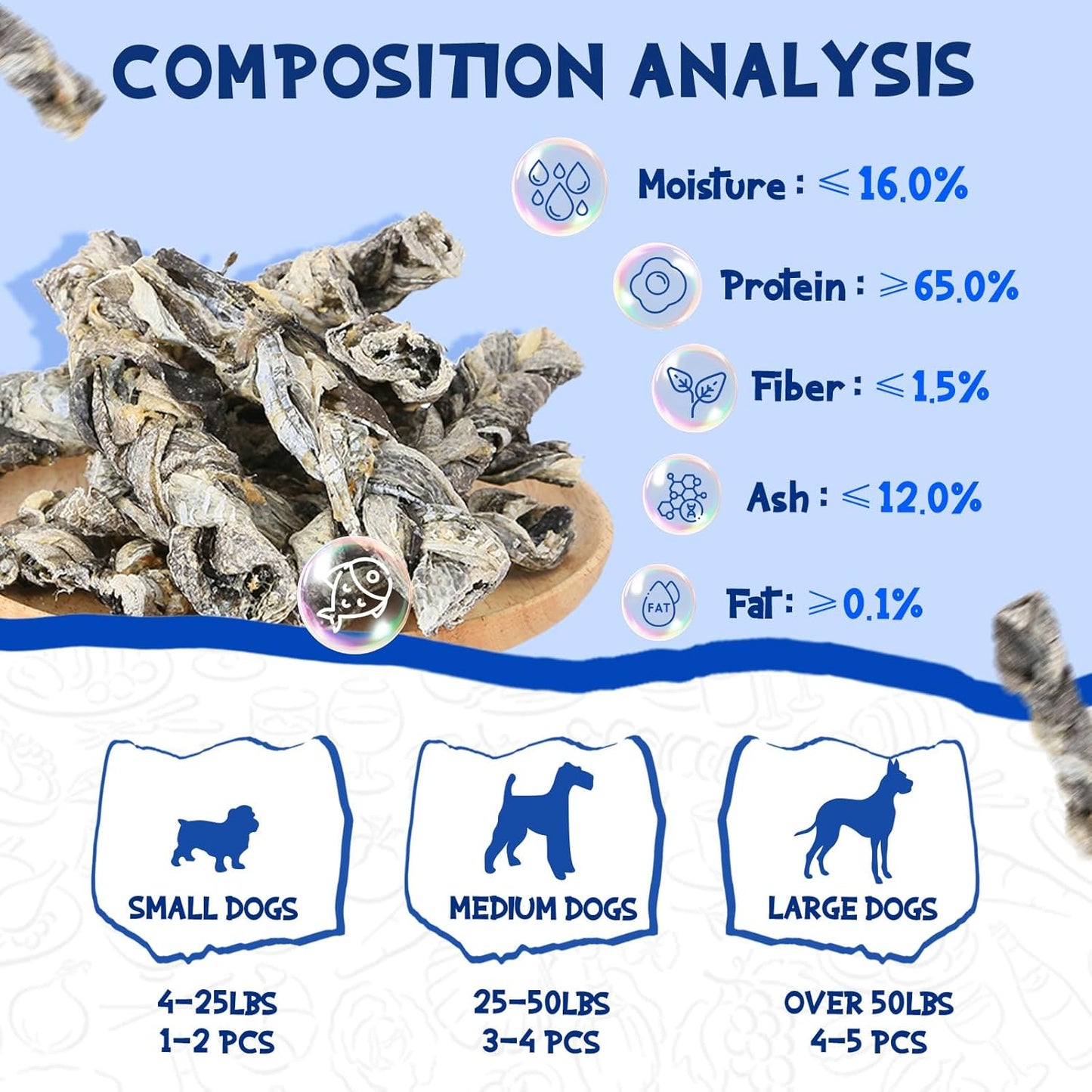 Cod Fish Skin Braids Dog Treats Natural Dried Dog Snacks Sticks, High Omega-3 Single Ingredient Cod Skin Chews w/Taurine, 7 oz