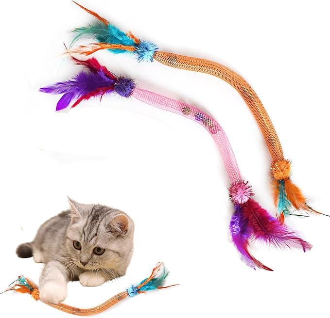 Cat Toys for Indoor Cats with Catnip – 2 Pack Feather Elastic Mesh Chew with Pom-Pom Cat Toys, 19.5 Inch Durable Kitten Teething Cat Toy Bundle with Bells