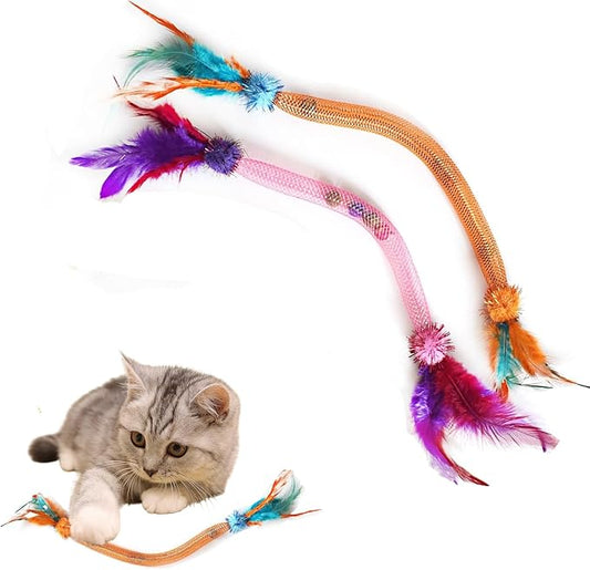 Cat Toys for Indoor Cats with Catnip – 2 Pack Feather Elastic Mesh Chew with Pom-Pom Cat Toys, 19.5 Inch Durable Kitten Teething Cat Toy Bundle with Bells