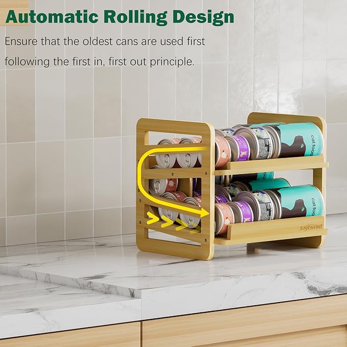 Rolling Bamboo Cat Food Can Organizer, 2-Layer Wet Cat Food Storage Container Holds 42 (3oz) Cans, Canned Cat Food Organizer and Storage for Countertop Kitchen Cabinet or Pantry Shelf