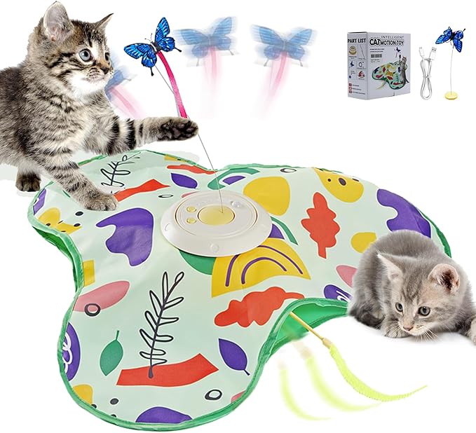Interactive Cat Toy, Automatic Kitten Toys for Indoor Cats, Hide and Seek Cat Toy Kitten Wand Toy Cat Exercise Toys with Motion Activated, Moving Feather, Chirping