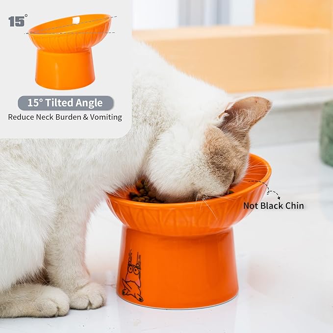 6.5 Inch Extra Wide Ceramic Raised Cat Bowl Set, Tilted Elevated Cat Bowls for Food and Water, Prevent Whisker Fatigue, Stress Free, Less Vomiting, Protect Spine, Lead & Cadmium Free, White & Orange