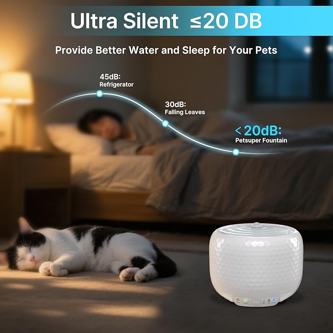 Automatic Cat Water Fountain 61oz/1.8L, Ultra Quiet Pump, BPA-Free & Detachable for Easy Cleaning, Includes 3 Replacement Filters (White, ABS)