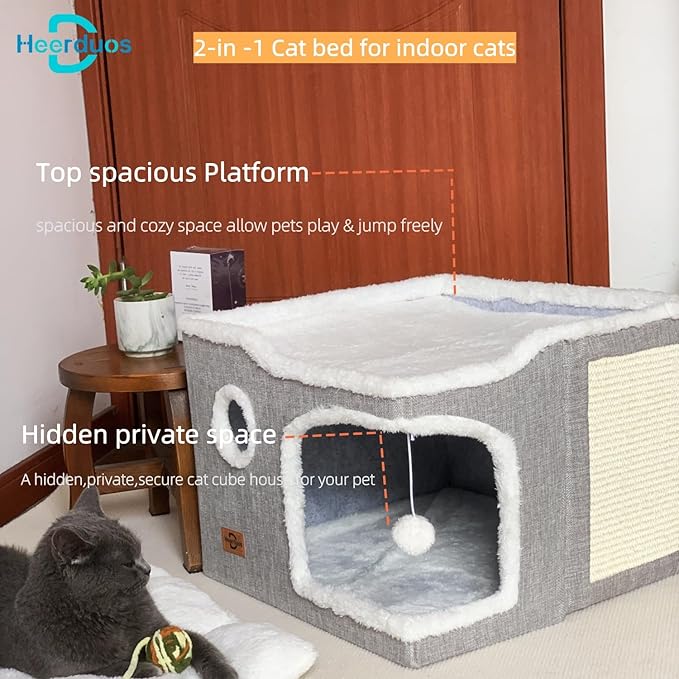 Cat Bed for Indoor Cats,Covered Cat Cave House & Furniture with Scratch Pad,Foldable Cat Hideaway Hut Cute Cat Condo with Soft Washable Mat for Multi Small Pet Under 30 lbs,Green