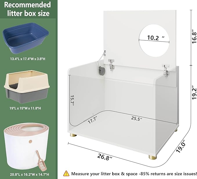 Top Entry Litter Box Enclosure, Modern Flip Top Litter Box Furniture with Cat Scratch Mat, Side Table (White)