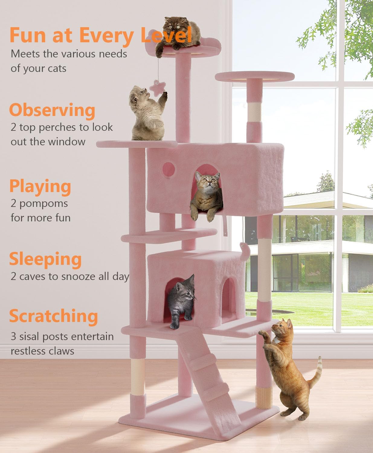70'' Cat Tree Tower for Indoor Cats Large Adult,Cute/Tall Modern Cat Tree for Big Cats 20 lbs,Plush Multi-Level Cat Condo with Scratching Posts,Dangling Ball for Fun Play(Soft Pink, 70 inch)