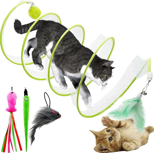 Self Play Cat Hunting Spiral Tunnel Toy, Folded Cat Spring Tunnel Toys for Indoor Cats (Green)